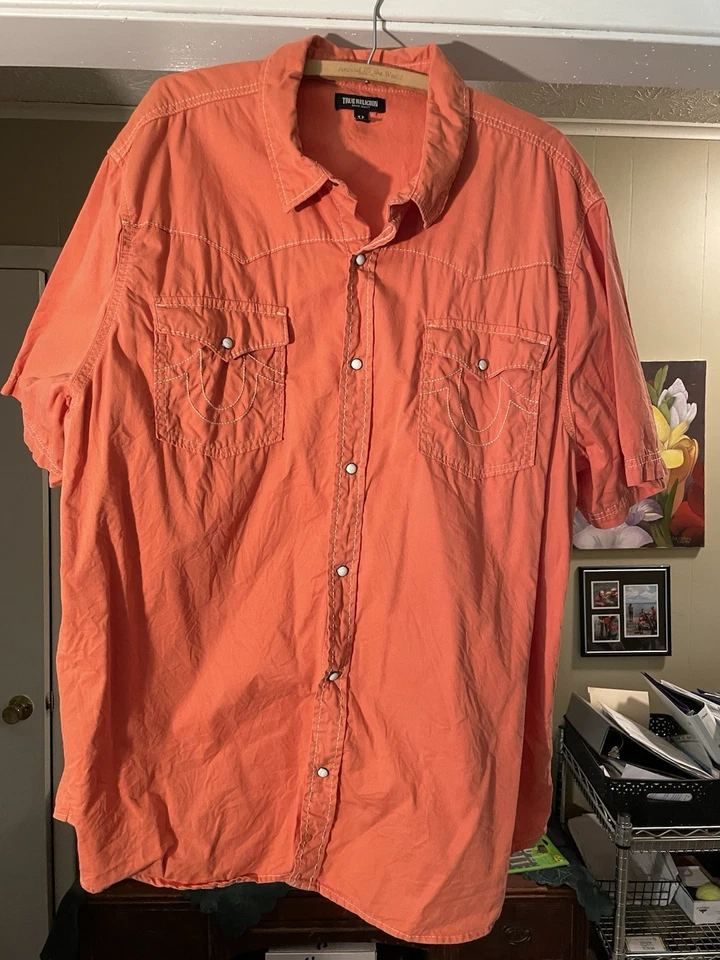 True Religion Men's Orange Denim Pearl Snap Western Shirt 3XL  Orange Stitch.Y2K - Image 1 of 4