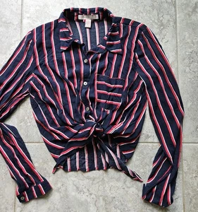 Forever 21 Shirt Womens Striped Cropped Button Up Collared Tie Front Size XS - Picture 1 of 3