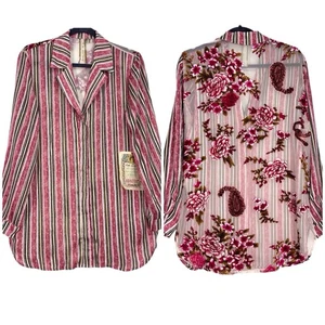 Aratta Era Resort Striped Button Shirt Floral Burnout Velvet Mauve Pink Medium - Picture 1 of 15