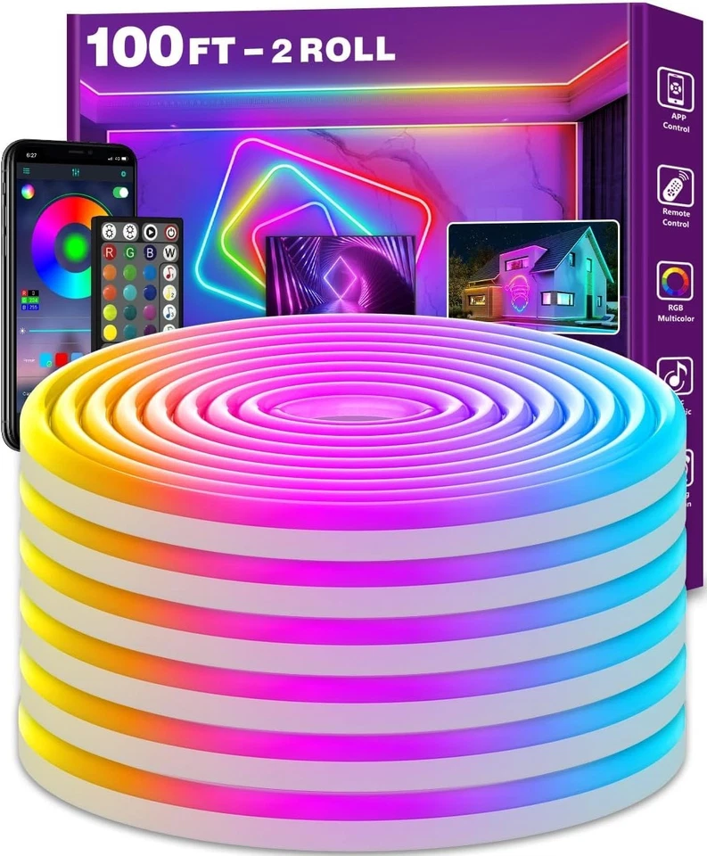 100Ft LED Neon Rope Lights, Music Sync Waterproof IP65 Outdoor/Indoor RGB Strip - Image 1 of 4