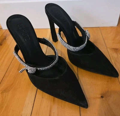 Schutz Pearl Crystal Curve Black Nubock Formal Mule 4" Salto Stiletto Tamanho 5.5B Novo - Imagem 1 de 4