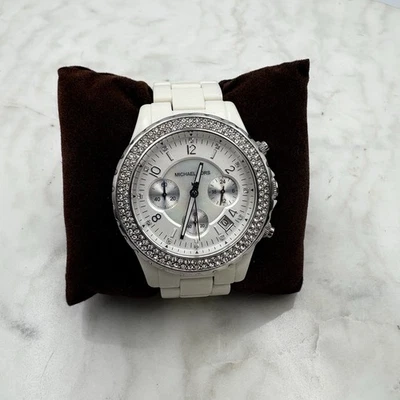 Grueso Blanco Plata MICHAEL KORS Reloj Mujer MK 5300 Pequeña Muñeca Brillante Cristal Foto 1 de 4