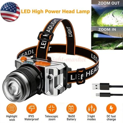 990000LM LED Headlamp Rechargeable Headlight Zoomable Head Torch Lamp Flashlight - Image 1 of 4