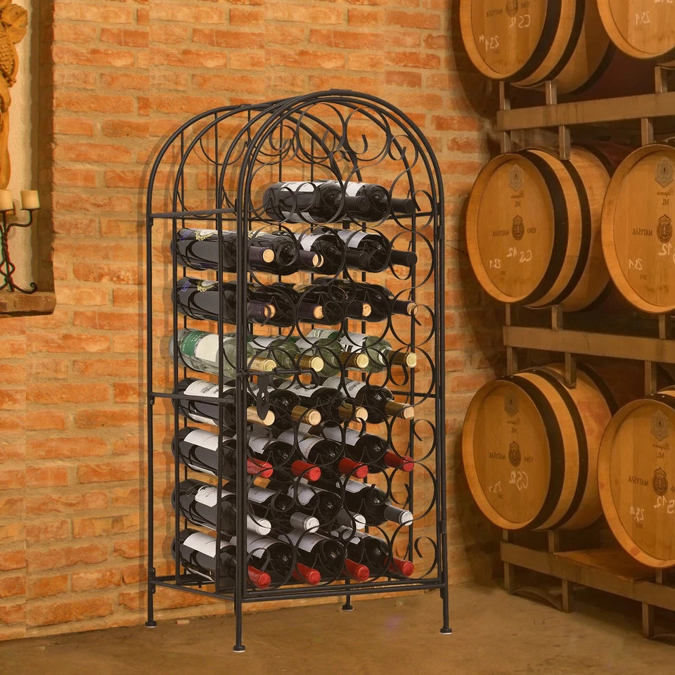 HOMCOM 35 Bottle Wrought Iron Wine Rack Jail with Lock - Black 17.5*14*38.5
