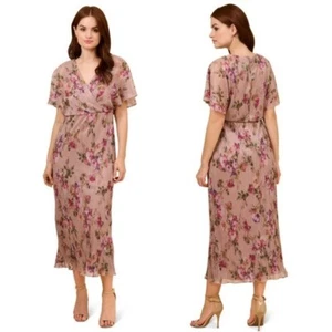 Adrianna Papell Pink Botanical Floral Metallic Crinkle Blouson Midi Dress Size 8 - Picture 1 of 15