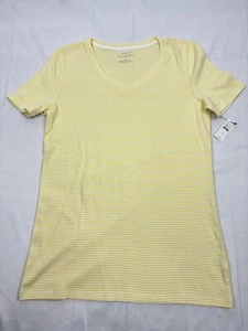 NW Talbots Women's VNeck Pullover T-Shirt Cotton Short Sleeve Yellow Stripe Sz S - Picture 1 of 6