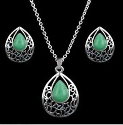 Turquoise Silver Plated Pendant Necklace Earring Set Teardrop Moon Star Design - Image 1 of 2