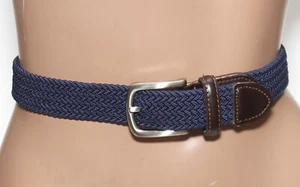 Braided Blue Webbing Stretch Golf Belt Brown Tabs - Silver Buckle - Size 26-28 - Picture 1 of 6