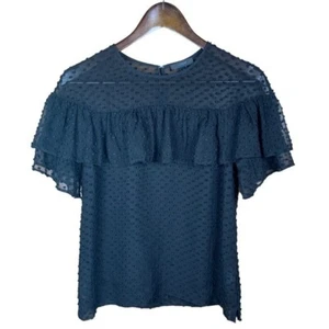 NUEVO J. Blusa Crew Negra Seda Damas 0 Gasa Cuello Redondo Mangas Cortas Acampanadas - Imagen 1 de 6