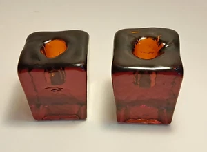 2 Blenko Glas Eiswürfel Block Kegel Kerzenhalter Bernstein Braun 2,25x2,25x3"H - Bild 1 von 16