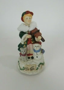Music Box Figurine Violin Boy With Dog & Snowman Moving Head 7 " Watch Video - Picture 1 of 8