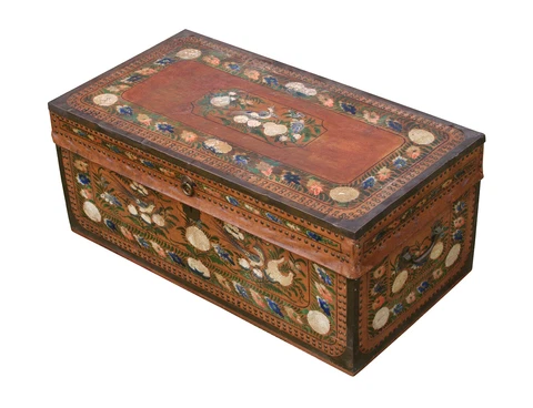 Antique Camphor Wood Chest, 19th C. RARE, PAINT DECORATED Cover