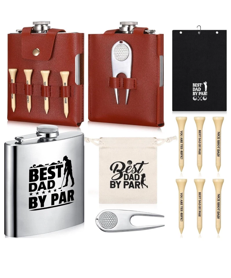 Golf Gifts for Dad 7oz Stainless Flask with Leather Case Best Dad by Par - Image 1 of 1