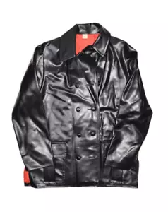 Vintage Faux Leather Jacket Womens M Black Double Breasted PVC Shiny Red Lined - Picture 1 of 11