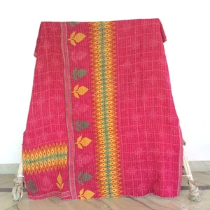 Reversible Vintage Kantha Quilt Multicoloured Twin Blanket Bohemian Bed Runner - Picture 1 of 4
