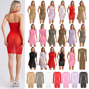Womens Glossy Dress See Through Lingerie High Stretchy Hip Wrap Bodycon Dresses - Picture 1 of 163