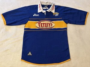 Vintage ASICS Leeds Rhinos Blue Short Sleeve Rugby Shirt Top 1999 2000 S / M - Picture 1 of 14