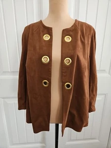 Chicos Sz 2 (US Standard Sz 12) Brown Grommet Faux Suede 3/4 Sleeve Jacket - Picture 1 of 10