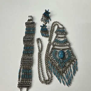Collar, pulsera, pendientes de plata estilo suroeste de imitación turquesa con cierre trasero - Imagen 1 de 9