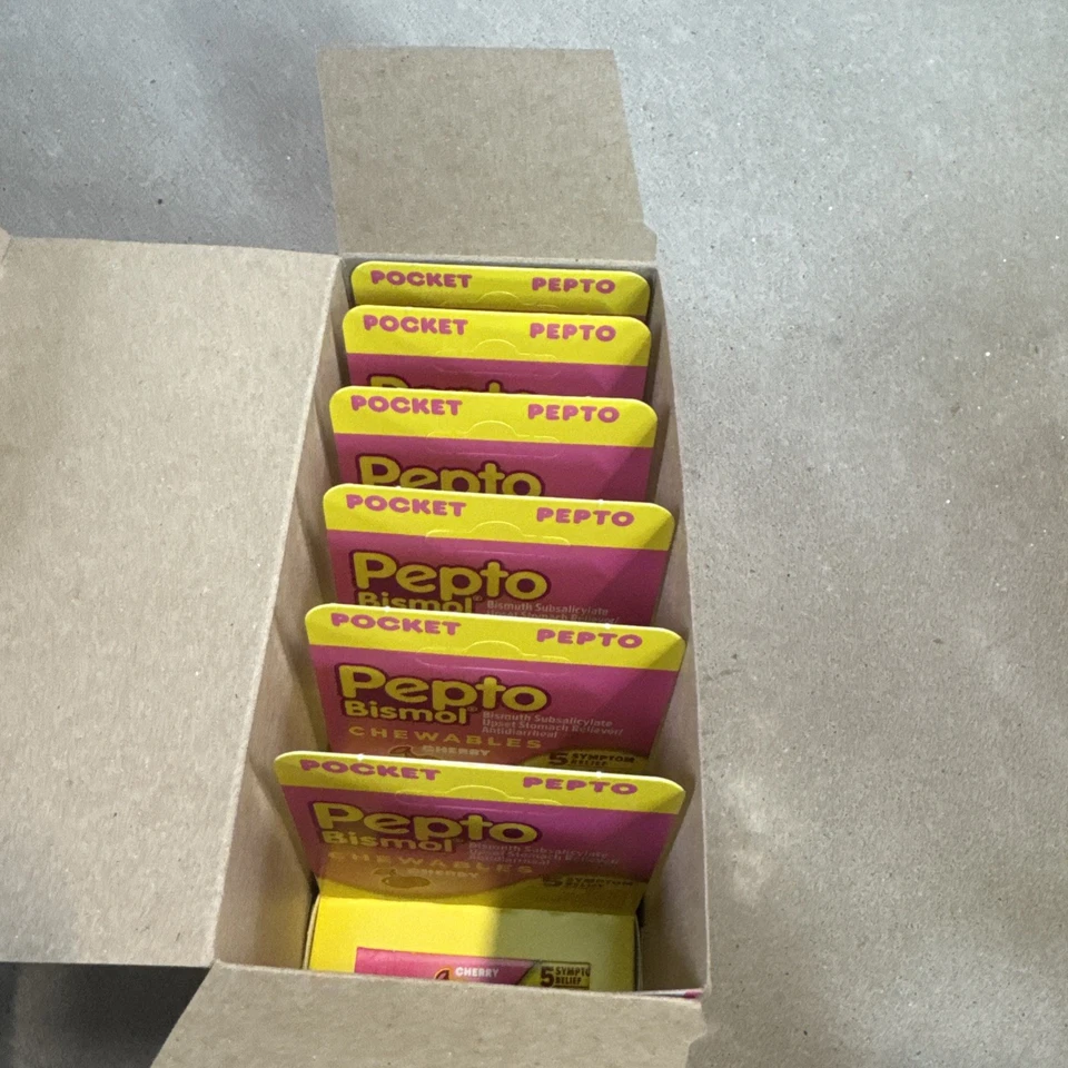 Pepto-Bismol to Go Portable 5 Symptom Relief Including Upset Stomach and Diarrhea Cherry Flavor Chewable Tablets 12 Count