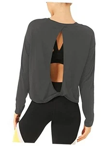 Long Sleeve Workout Shirts Yoga Dance Tops Open Back Athletic Small Deep Gray - Picture 1 of 6