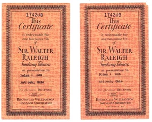 LOTE DE 2 CERTIFICADOS DE TABACO PARA FUMAR SIR WALTER RALEIGH DE COLECCIÓN - Imagen 1 de 2