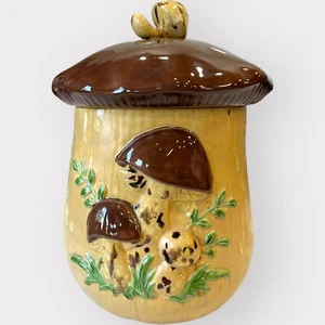 Tarro de galletas de champiñones MCM vintage pintado a mano firmado beige marrón - Imagen 1 de 11