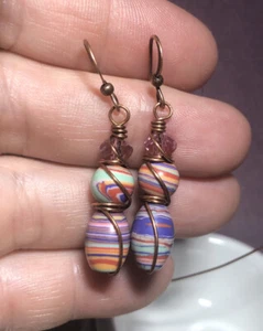 Earrings Artisan Wire wrap Handmade Pink Stripe Turquoise JMes Jewelry Drop Boho - Picture 1 of 4