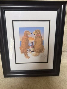 Cute Golden Retrievers w/Wine Print, Matted & Framed, Titled “Sunset,” Signed - Picture 1 of 4