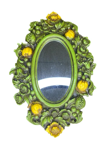 Vintage Mid Century Syroco USA Oval Mirror Green Yellow Flowers Floral Resin Cover