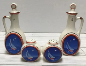 Vtg MCM Oil Vinegar Cruets Bottle Stoppers Salt and Pepper Shakers w Sailboats - Picture 1 of 20