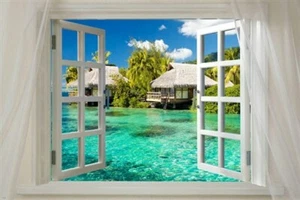 Window onto PARADISE ISLAND scenic poster 20x30 turquoise water palm trees - Picture 1 of 1