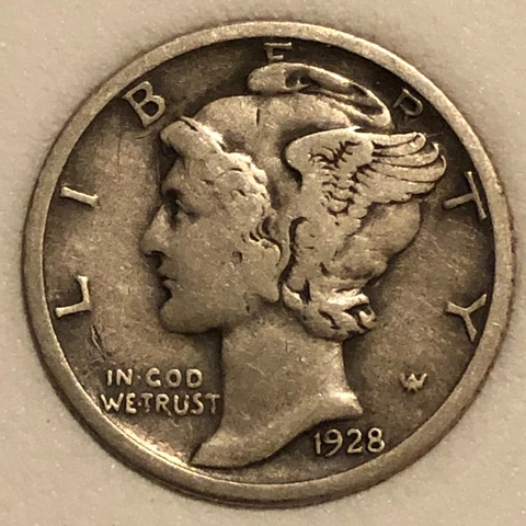 1928-S  Silver  Mercury Head Dime   Very Fine Cover