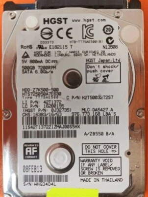 ⭐️⭐️⭐️⭐️⭐️ HDD Hard Drive SATA Laptop 2.5" HGST HTS725050A7E630 500GB J32735 - Image 1 of 2