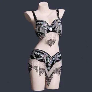 Nuevo Para mujeres Cuentas Danza del Vientre Disfraz Ropa Barra + Cinturón 2 piezas Conjunto Disfraz de Halloween - Imagen 1 de 3