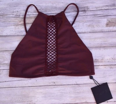 TRAJE DE BAÑO ACACIA MERLOT MALIBU DETALLE CROCHET CUELLO ALTO HALTER TOP (M) NUEVO CON ETIQUETAS $119 Foto 1 de 4