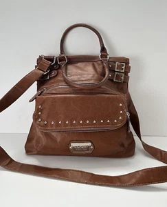 Nine West Purse Brown Crossbody Bag Studs Zippers & Buckles Double Handle - Picture 1 of 24