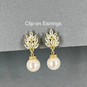 Bridesmaids 18K Gold Plated CZ Clipon Pearl Earrings Wedding Bridal Jewelry - Picture 1 of 4