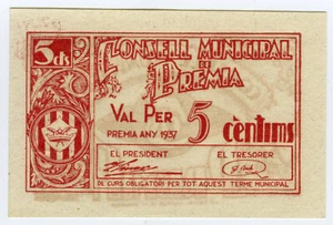 # SPAIN CIVIL WAR 1937 • PREMIA 5 CTS. MUNICIPAL ☆ GUERRA CIVIL ESPAÑOLA ☆C5480 - Picture 1 of 2