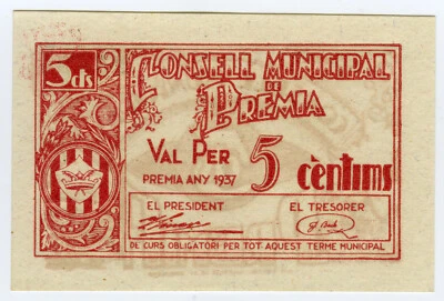 # SPAIN CIVIL WAR 1937 • PREMIA 5 CTS. MUNICIPAL ☆ GUERRA CIVIL ESPAÑOLA  ☆C5480 - Image 1 of 2