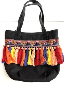 NEW Circus By Sam Edelman Clyde Black Zip Tote Bag With Multicolor Tassels - Picture 1 of 17