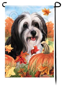 Falling Leaves Garden Flag - Black and White Tibetan Terrier - Picture 1 of 1