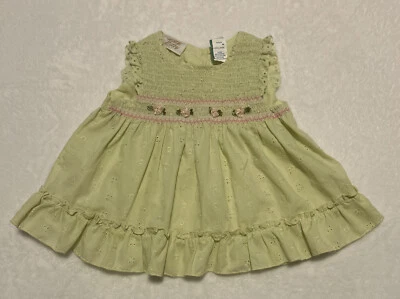 Little Bitty Vintage Dress Smocked Eyelet 18 Months Pale Green Pink Accents - Image 1 of 4