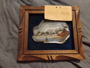 Vintage Wood Framed Rock Slice Geode Art Winter Landscape Barn Painting Signed - Picture 1 of 9