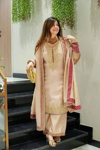 New Collection Chinnon Silk Top And Bottom With Dupatta For Festival Wear - Picture 1 of 12