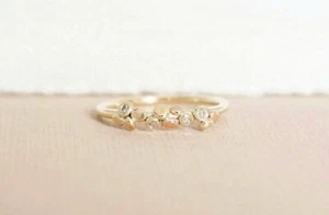 14k Solid Gold Thin Pebbles Set Diamond Plain Ring Handmade Dainty Minimalist N7 - Picture 1 of 12