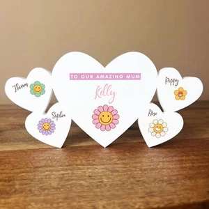 Mum Daisy Flowers Family Hearts 1 Big 4 Small Personalised Gift Acrylic Ornament - Picture 1 of 2