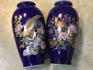 2 PHEASANT Vase Blue Bird Japan Asian BLUE Kutani Style π―π΅π΄π΄π₯π₯π‘π₯π―π΅ - Picture 1 of 4