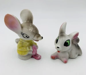 Mouse And Bunny Figurine Pink Big Eared Porcelain Spring Cottage Vintage Japan - Picture 1 of 12