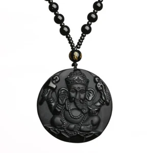 Collar amuleto de elefante obsidiana natural Ganesha con cadena de cuentas ajustable - Imagen 1 de 7